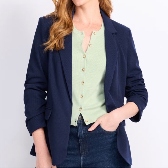 Skies Are Blue Jackets & Blazers - Skies Are Blue Ruched Sleeve Rib Knit Blazer Navy Size XL